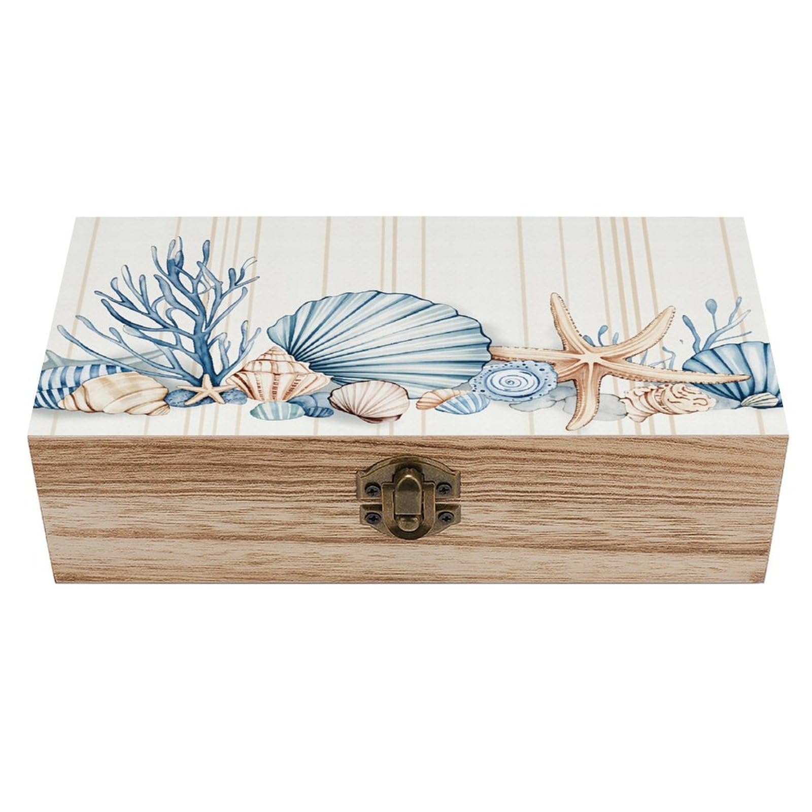 Seashell Starfish Coral Beach Ocean Vintage Wooden Keepsake Box with Hinged Lid And Locking Clasp, Decorative Storage Box for Jewelry, Trinkets And Small Accessories, Organizer for Home Or Wedding