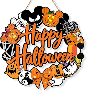 Halloween Mouse Wreath Door Decorations Pumpkin Ghost Wooden Hanging Sign