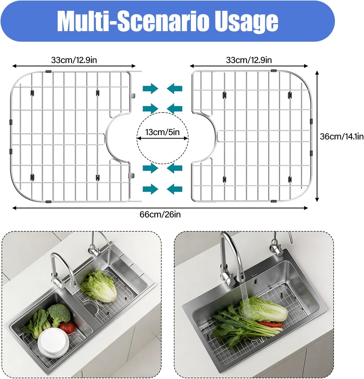 Sink Protector Grid, sink protectors for kitchen sink, 26''x14.1'' Corner radius 3-1/2'', Center Drain, 304 Stainless Steel for Kitchen Sink Bottom, Scratch Prevention