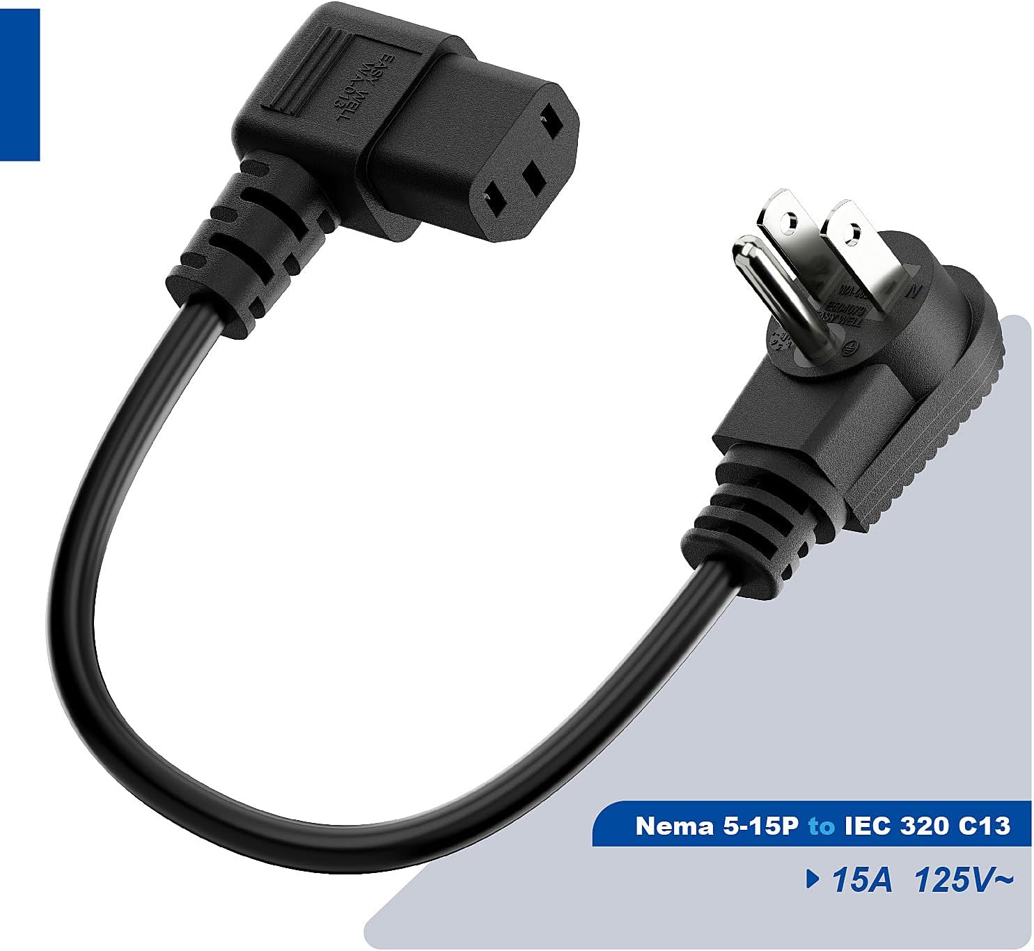 Short 1-Foot Nema Right Angle 5-15P to IEC 320 C13 Left Angled Power Cord, US 3-Prong Male to Left Angle IEC Female AC Power Cord