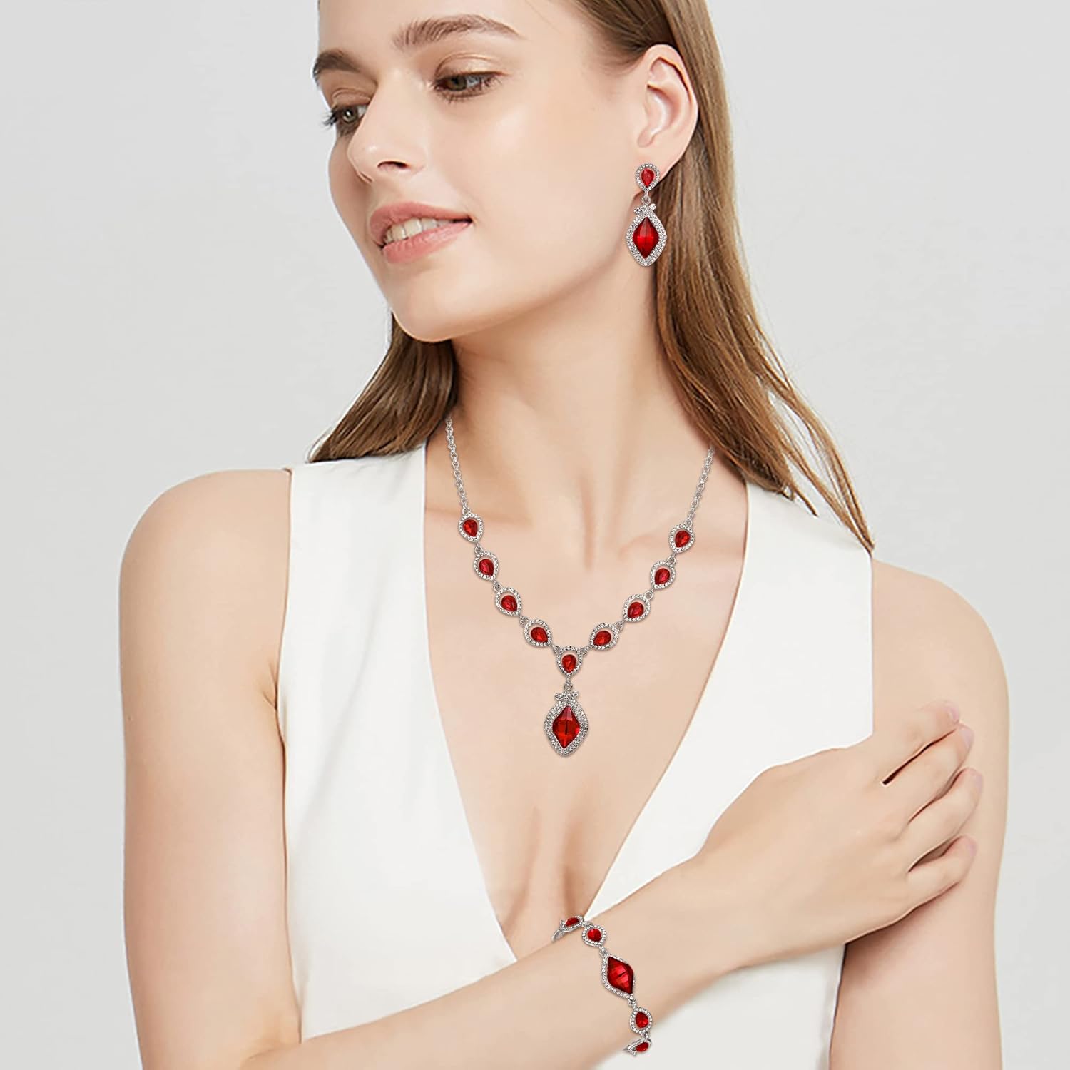 EVER FAITH Bridal Wedding Crystal Marquise Teardrop Pendant Necklace Earrings Bracelet Set for Prom