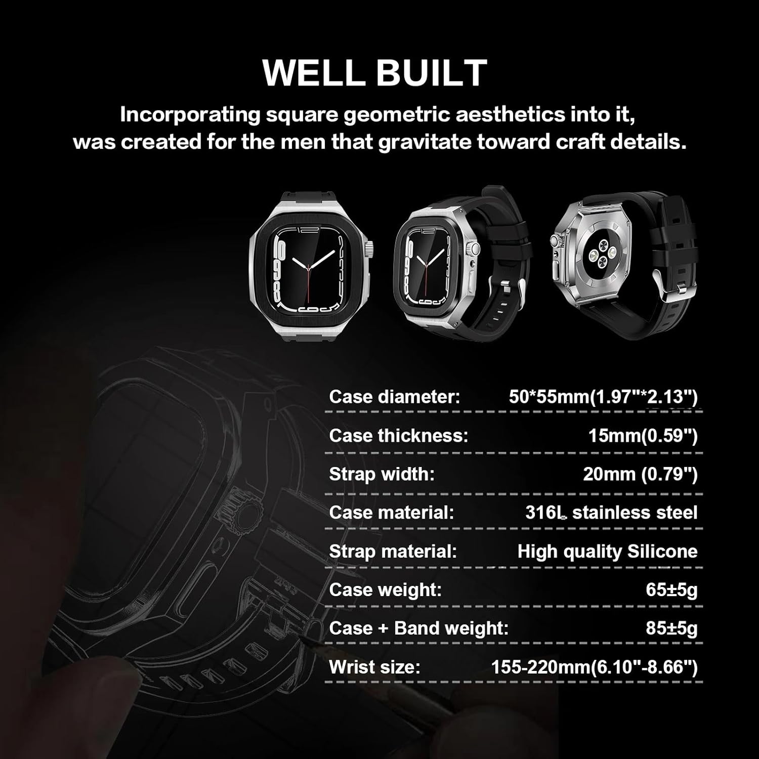 Luxury Stainless Steel Case Rubber Strap Kit，For Apple Watch Series 9 8 7 45mm 6 5 4 SE 44mm Watch Upgrade Replacement Protection Kit