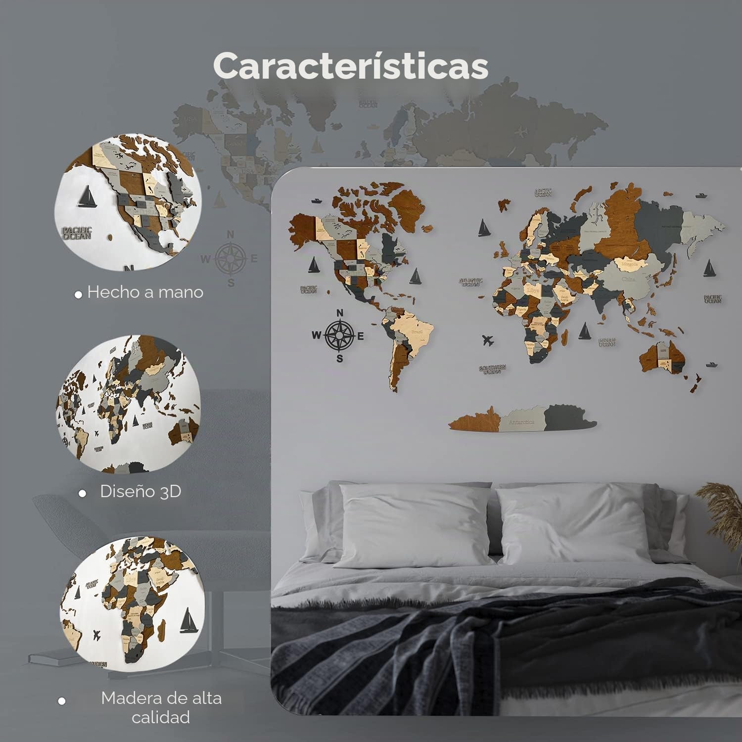 WoodLeo Mapa del mundo de madera 3D Art Decoración de Pared Grande - Talla (M, L, XL) Idea de Regalo para Cualquier Ocasión - Arte de Pared para Casa, Cocina u Oficina