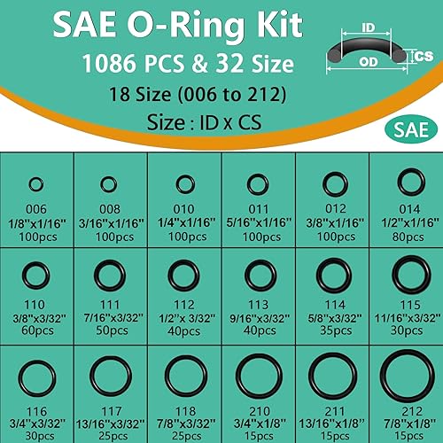 Miniatura 2 de Kit surtido de 1086 juntas tóricas SAE 32 tamaños, Buna-N estándar con 4 púas y gancho para grifo hidráulico automotriz, sellado de fontanería,