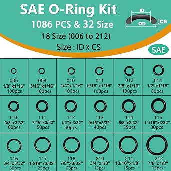 XBVV 1140 Pcs O Ring Assortment and 1oz Silicone Grease Kit and 32 Size SAE O Ring Assortment Kit 1086 Pcs Standard Buna-N Rubber O'ring Set with 4 Pick & Hook