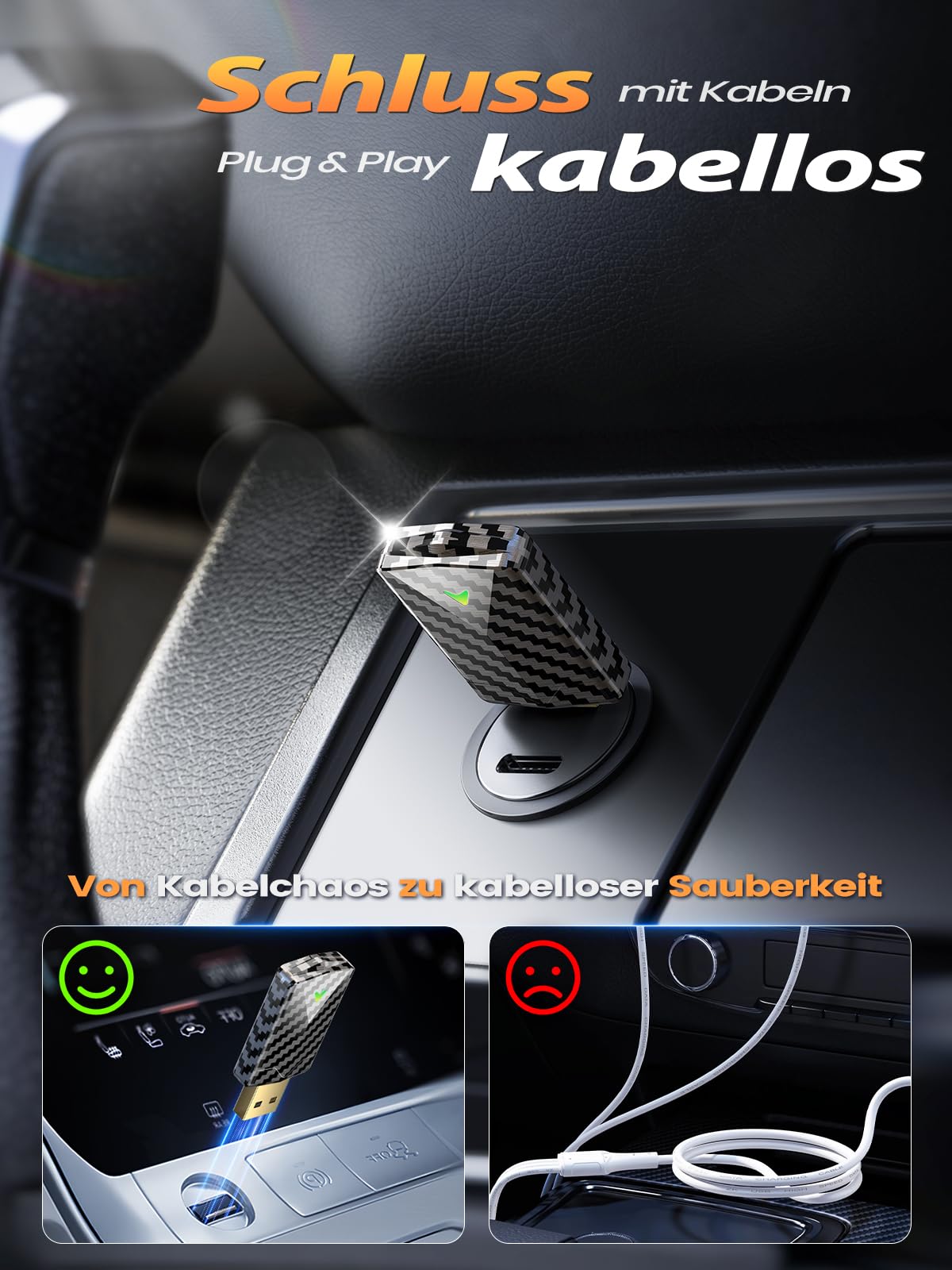 Mini CarPlay Wireless Adapter für Apple iPhone, Android Auto Wireless Adapter mit Auto GPS Navigation, Karbonfaser Design, Metall USB-A/C, Schnell & Stabil, Kompatibel mit iPhone (iOS 10+)/Android 10+