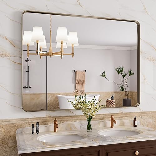 Miniatura 132 de Espejo de baño dorado, 48 x 30 pulgadas, espejo de marco de metal dorado cepillado para pared, espejo rectangular redondeado de tocador de baño