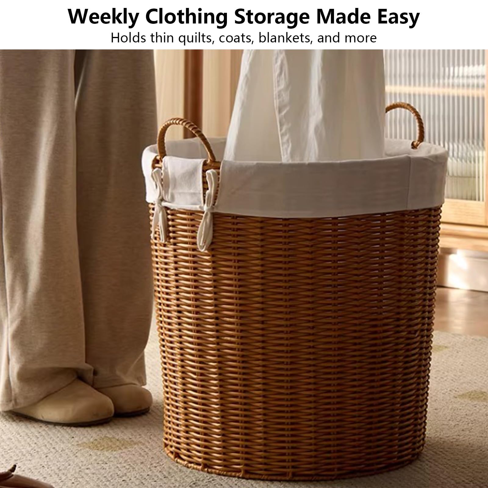 Imitat - Cesto portabiancheria portatile in rattan, 40,9 cm, con manici, ideale per bagno e camera da letto