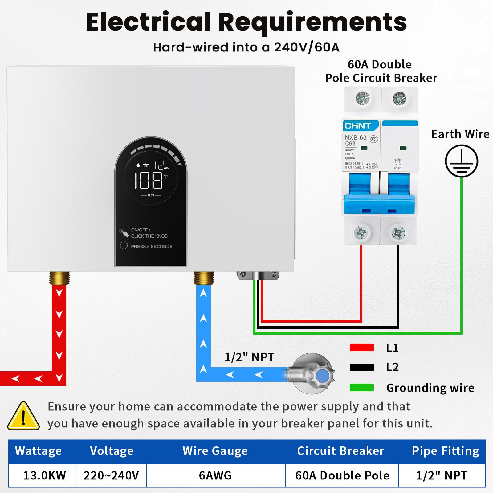 Scaldabagno senza serbatoio elettrico, scaldabagno istantaneo da 13 kW 240 V per punto di utilizzo e acqua senza fine con visualizzazione della temperatura, protezione da auto-modulazione e