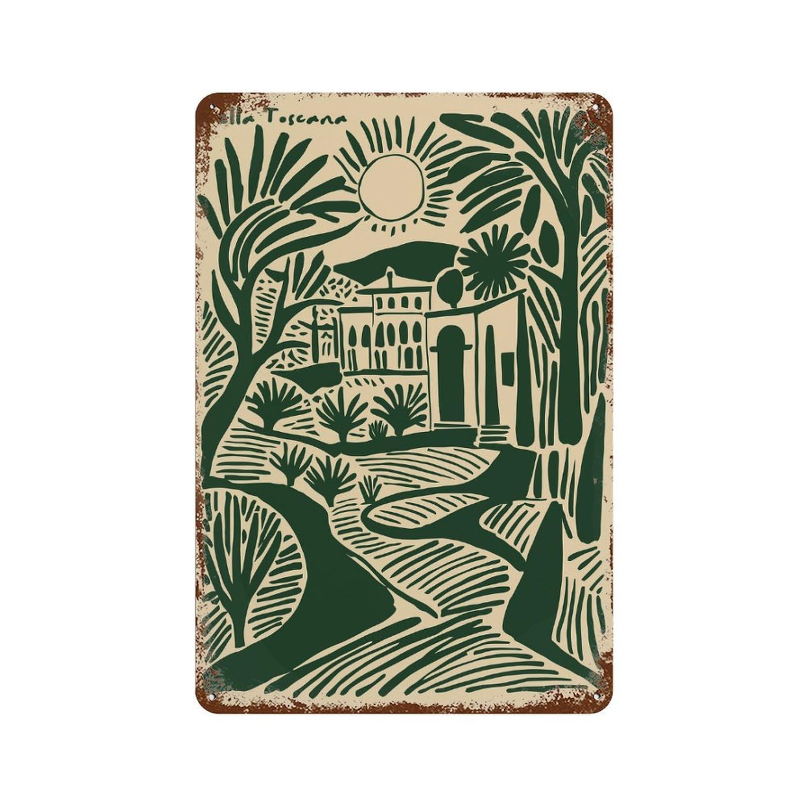 Rustic Tin Plaque with Bella Toscana Illustration Design 11.8"x7.9", for Pub, Kitchen And Man Cave Decor, Old School Wall Decor