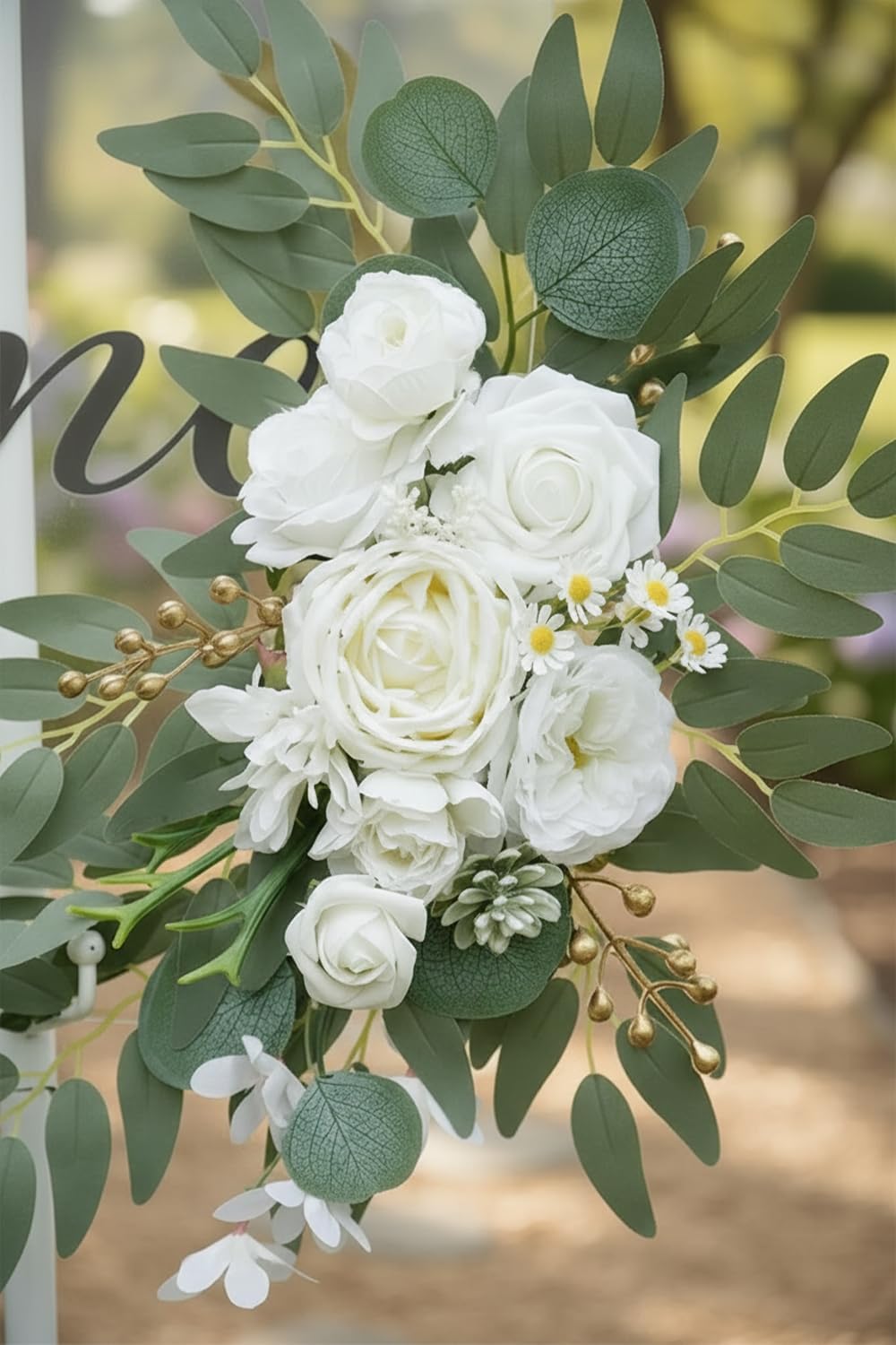 Artificial Floral Arch Swag Set of 2 – Elegant Wedding Welcome Sign Decorations for Ceremony & Reception, Rustic Greenery Flower Arrangements (White)