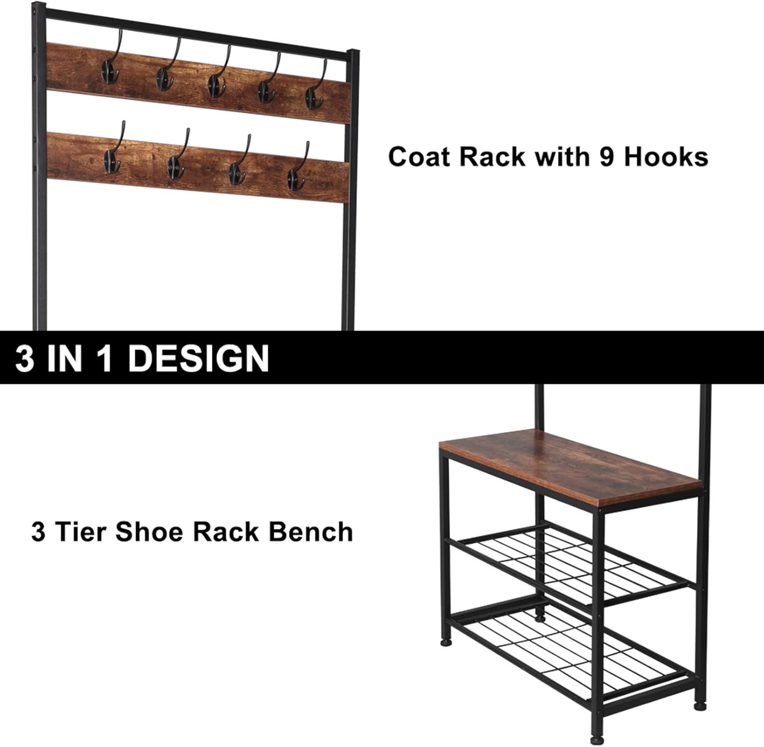 Industrial Coat Rack, Hall Tree Entryway Shoe Bench, Storage Shelf Organizer, Accent Furniture with Metal Frame High-Grade CoatRack Stand, Free Standing Coat Racks