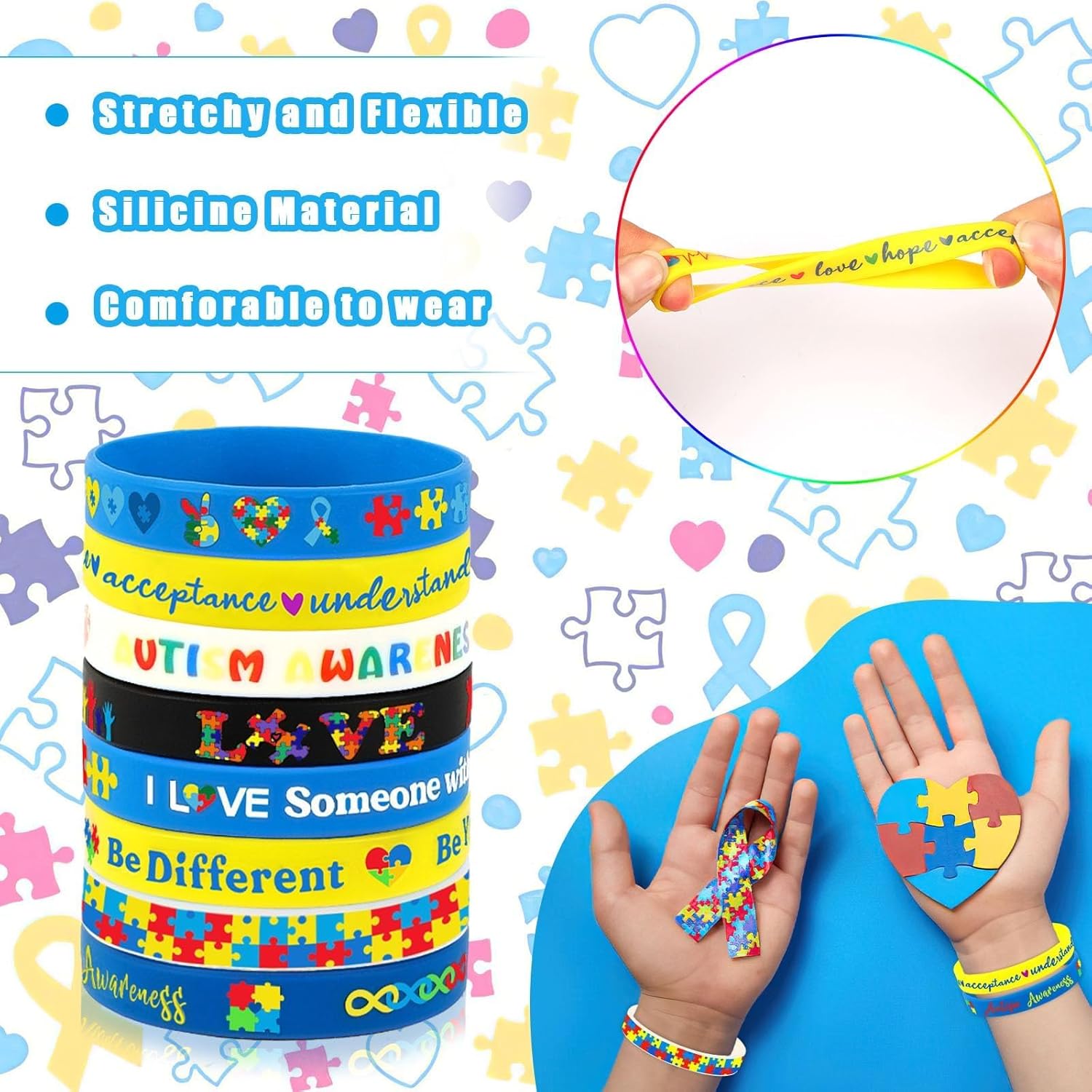 JUNEBRUSHS 120pcs Autism Awareness Silicone Bracelets Puzzle Pieces Ribbons Pattern Inspirational Motivational Rubber Wristbands for Autism Awareness Birthday Decoration Kids Party Favor Gift Supplies