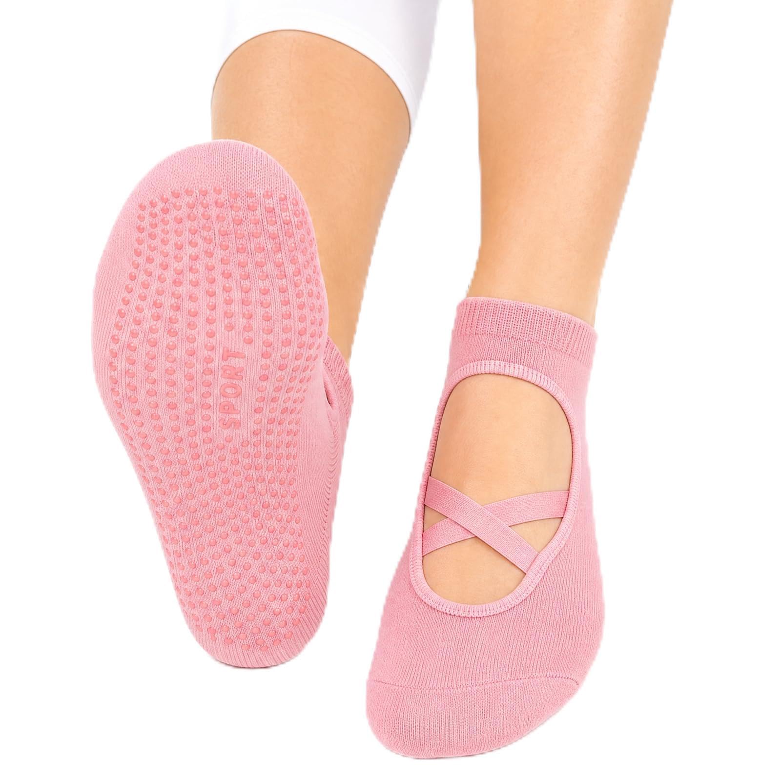 FACHOI Pilates Grip Socks for Women, Non-Slip Yoga Socks with Straps for Pilate Ballet Barefoot Dance Workout Fitness F4-PLTW