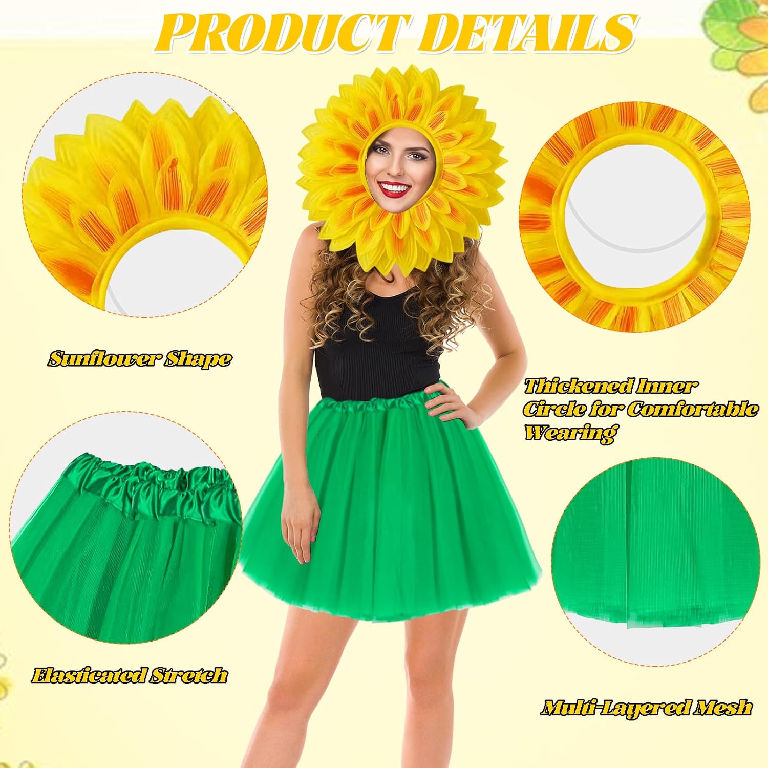 Funny Sunflower Costume Set Adult Yellow Flower Headgear Green Tutu Skirt Leaf Gloves Costume Accessories for Halloween Dess-Up