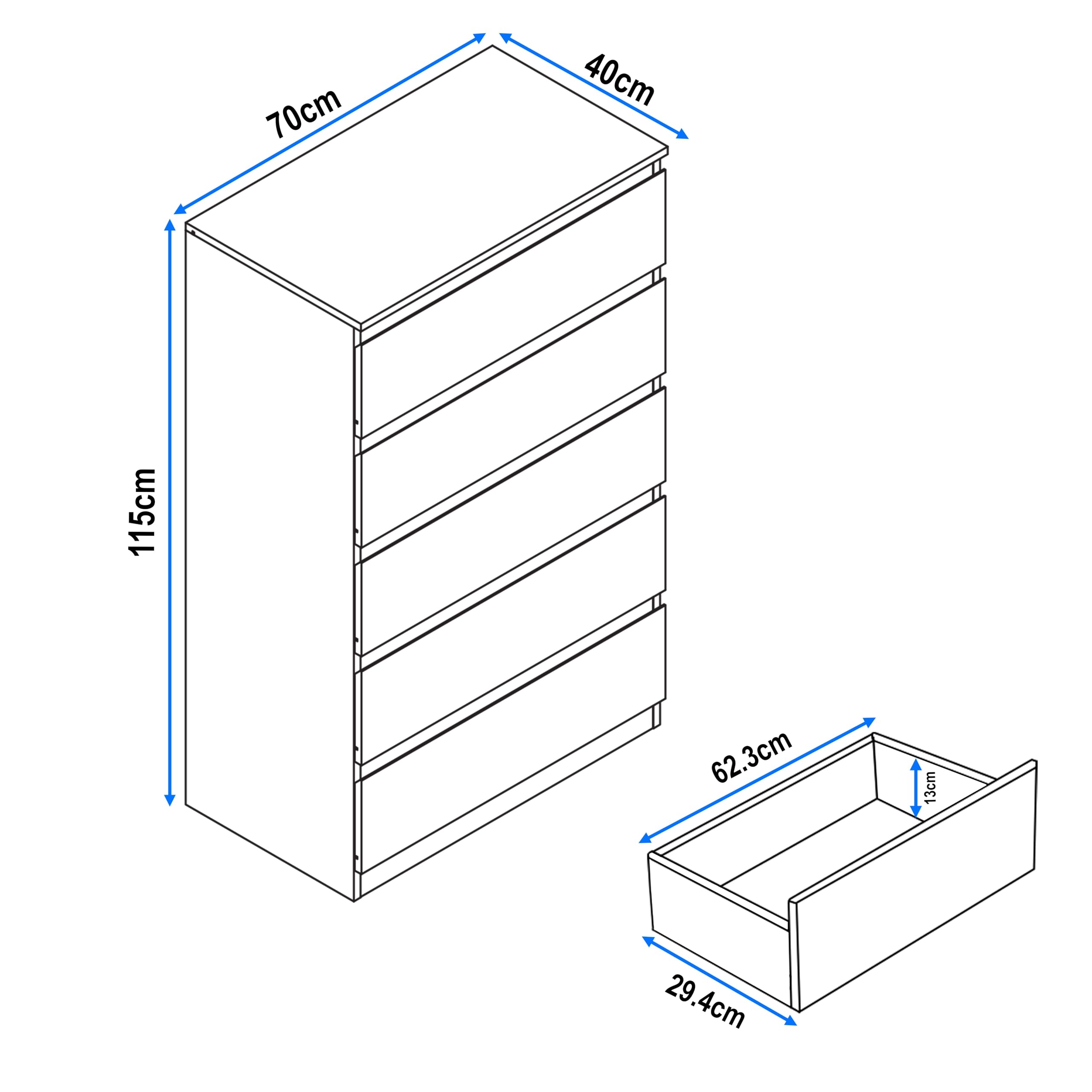 Blisswood High Gloss Chest of Drawer, 5 Drawer Bedroom Chest of Drawer Bedside Table Cabinet for Bedroom Living room Furniture, Grey, 70W x 40D x 115H cm