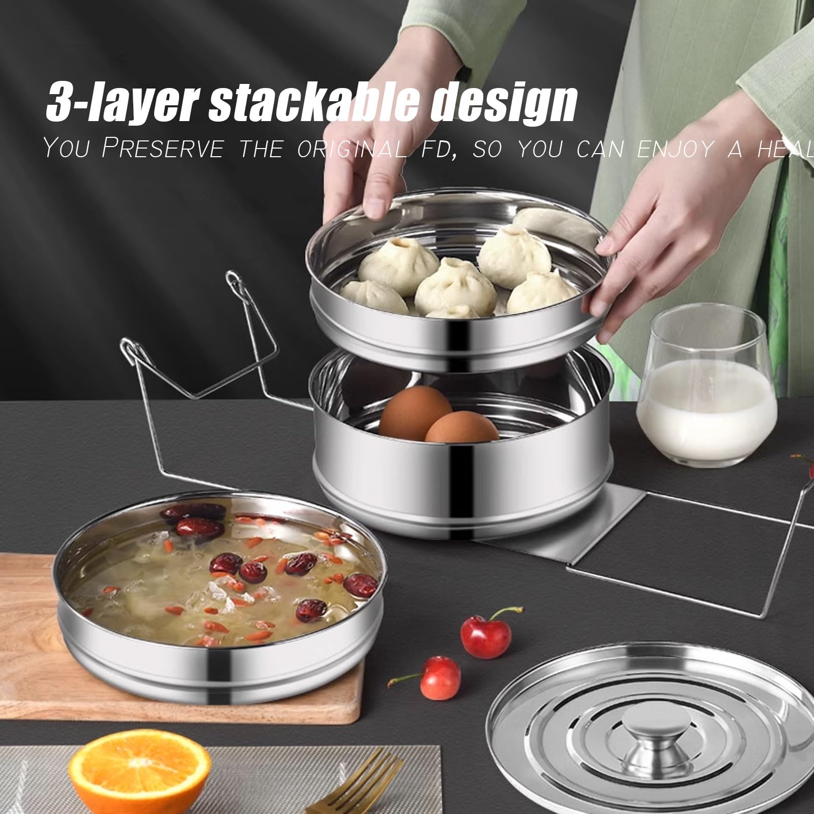 Un Cuiseur à Vapeur Pour Les Cuisines Ménagères Empilable 3 Couches Multifonction En Acier Inoxydable Ensemble De Batterie De Cuisine Cuiseur à Vapeur Chef Accessoires Pour Autocuiseur