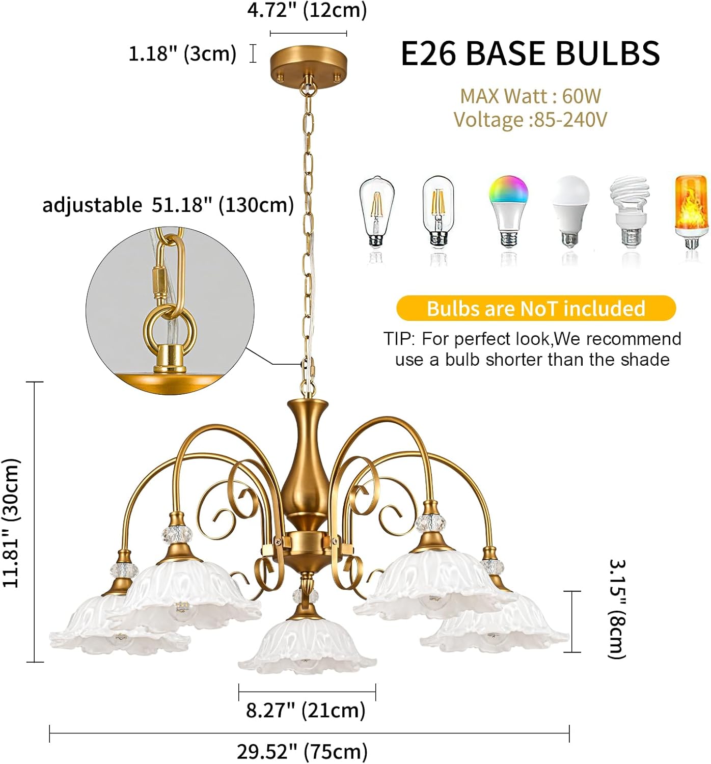 5-Light Vintage Chandeliers in Matte Brass Finish with White Glass Shades, Retro Chandelier Light for Dining Room, Hallway, Kitchen