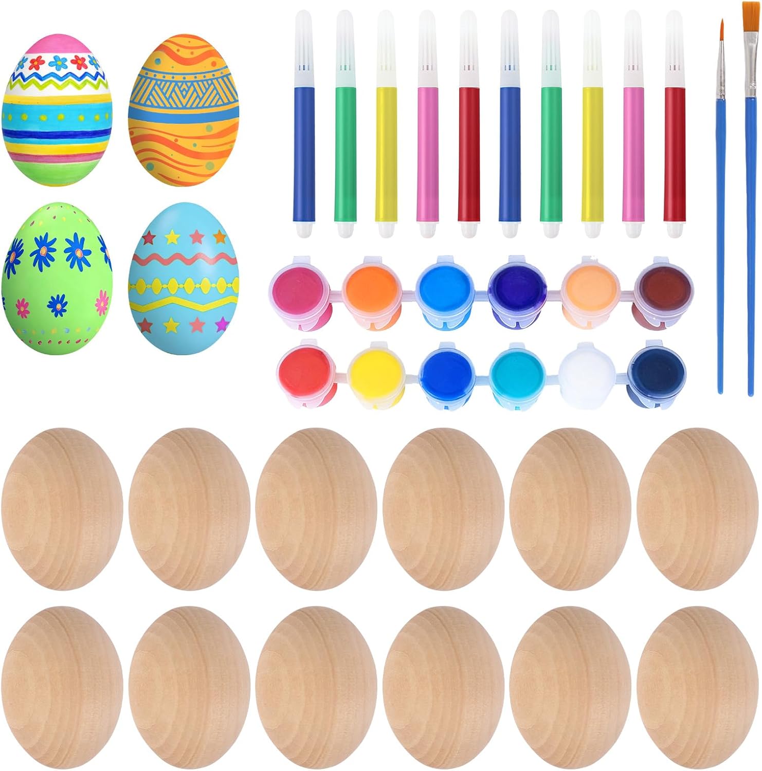 Easter Wooden Eggs for Crafts, 24pcs Unpainted Wooden Easter Eggs to Paint, Egg Painting Kit with Watercolor Paint and Pens, Unfinished Wood Egg for Home Decor DIY Craft Basket Fillers