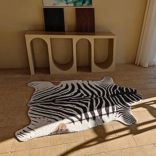 Vista 4 de rugoo Alfombra con estampado de cebra de 4.6 x 6.6 pies, color blanco y negro, alfombra de piel sintética con estampado de animales, alfombra