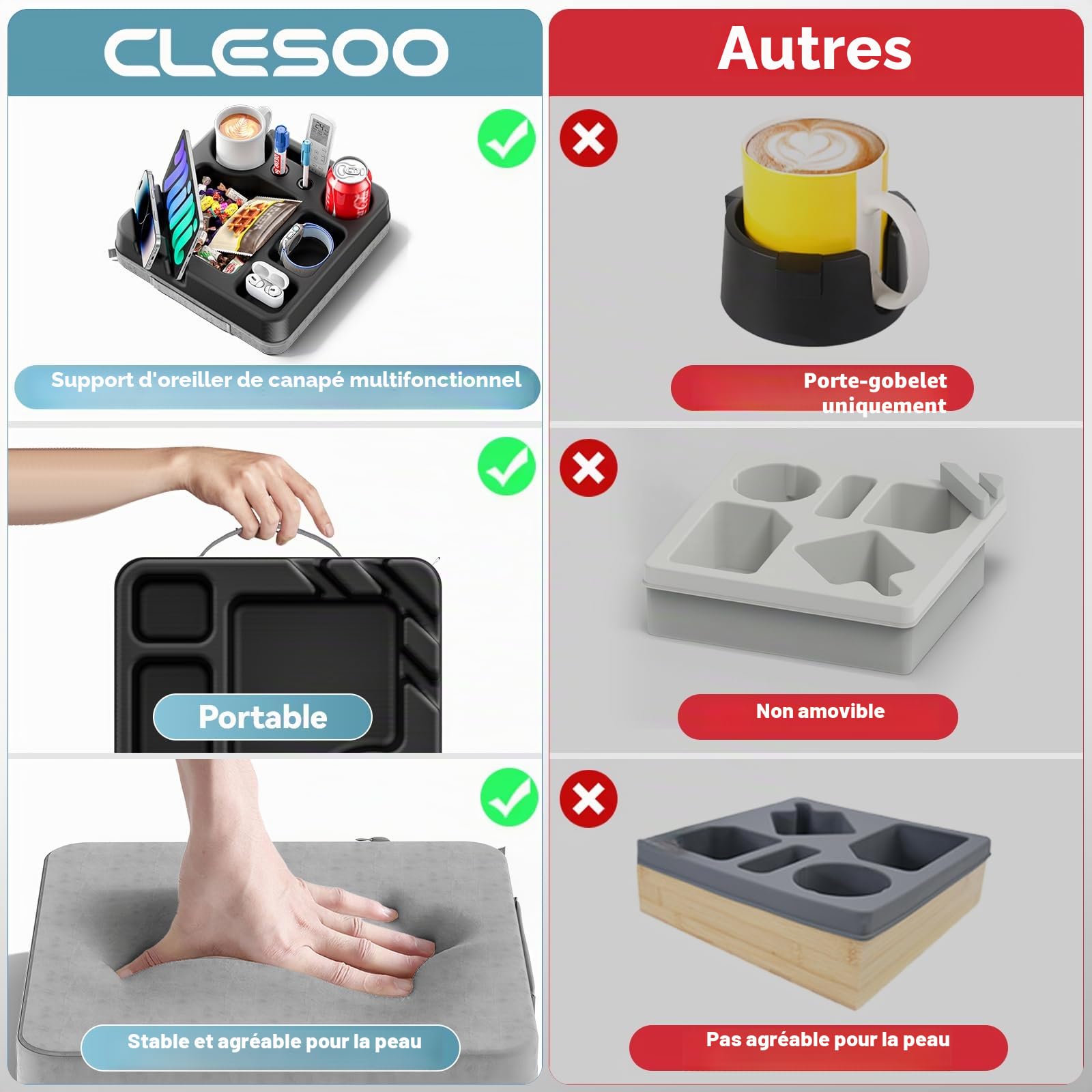 CLESOO Porte-gobelets pour Canapé - Coussin Plateau Canape avec Plateau à Collation, Support Télécommande, Porte-stylo, Support Téléphone & Tablette - Organisateur de Canapé pour Lit, Loisirs, Voiture