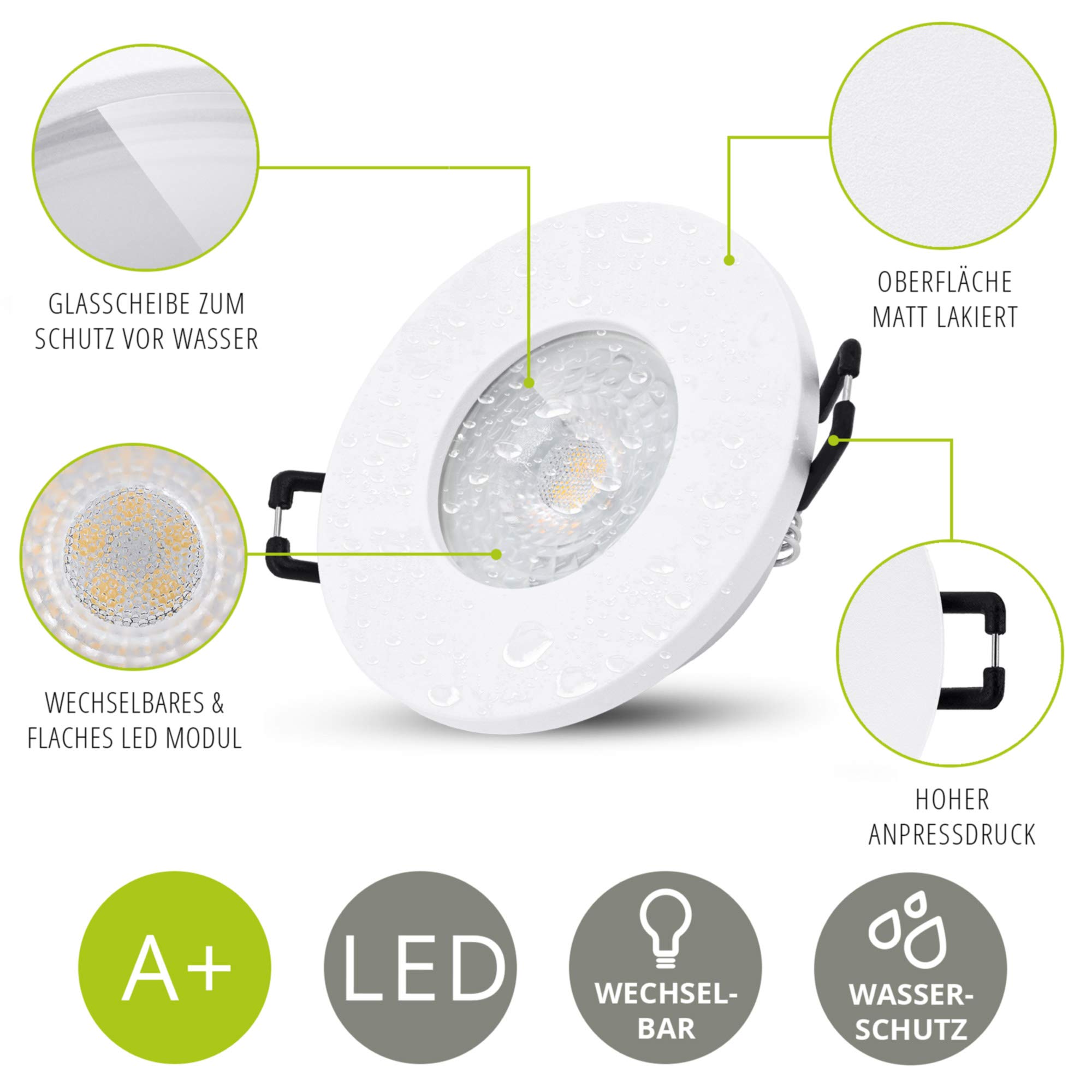 linovum ISAWO Einbaustrahler Bad IP65 mit LED Leuchtmittel 10 Stück - 4W neutralweiß 230V - Badeinbaustrahler flach weiß rund