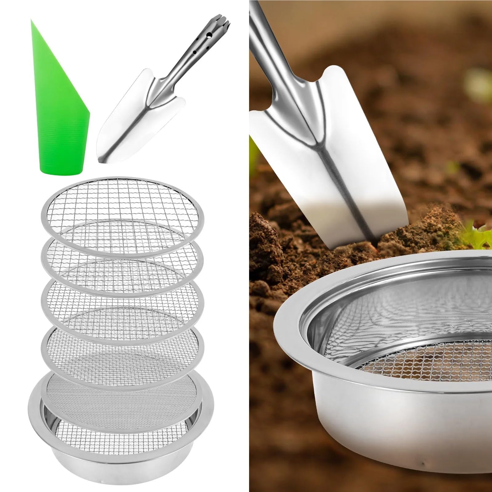Handheld Seed Planter Gartenerde-Sieb-Set, Edelstahl, Bonsai-Steinsieb mit 5 auswechselbaren Filtermaschengrößen(A)