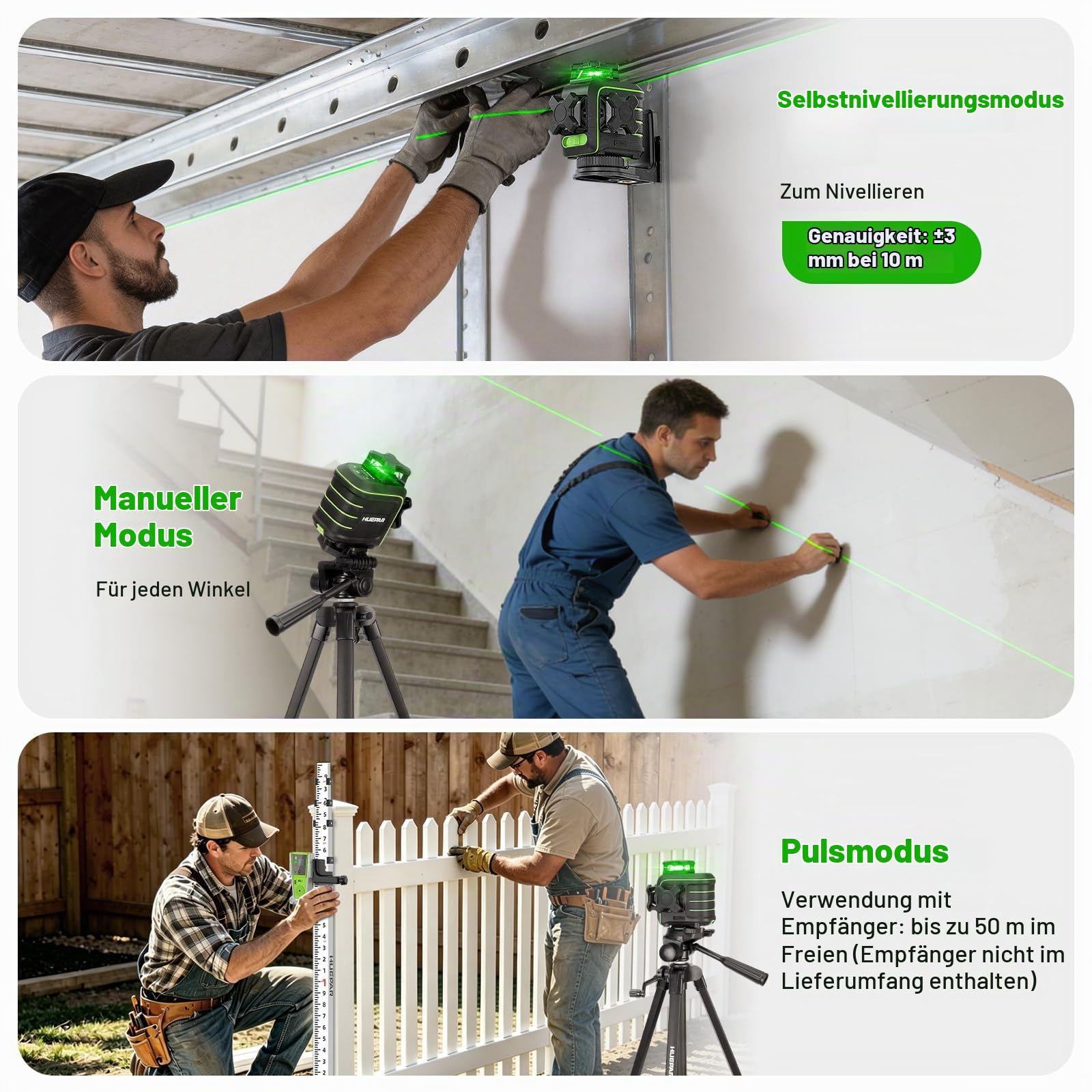 Huepar 1,5m Sturzfest 3x360° Grüner Kreuzlinienlaser Selbstnivellierend, 12 Linien mit Pulsmodus, Magnetischer Drehhalterung, 50m Reichweite, Type-C Wiederaufladbar, Inkl. 1,2m Stativ，U03CGT