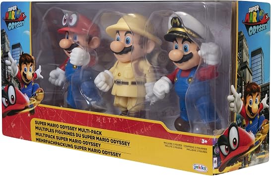 Nintendo Mario Odyssey Pack of 3 Action Figures - Cappy with Captain Mario, Explorer Mario and Mario, Articulated Super Mario Figures Approximately 4 / 10 cm Long