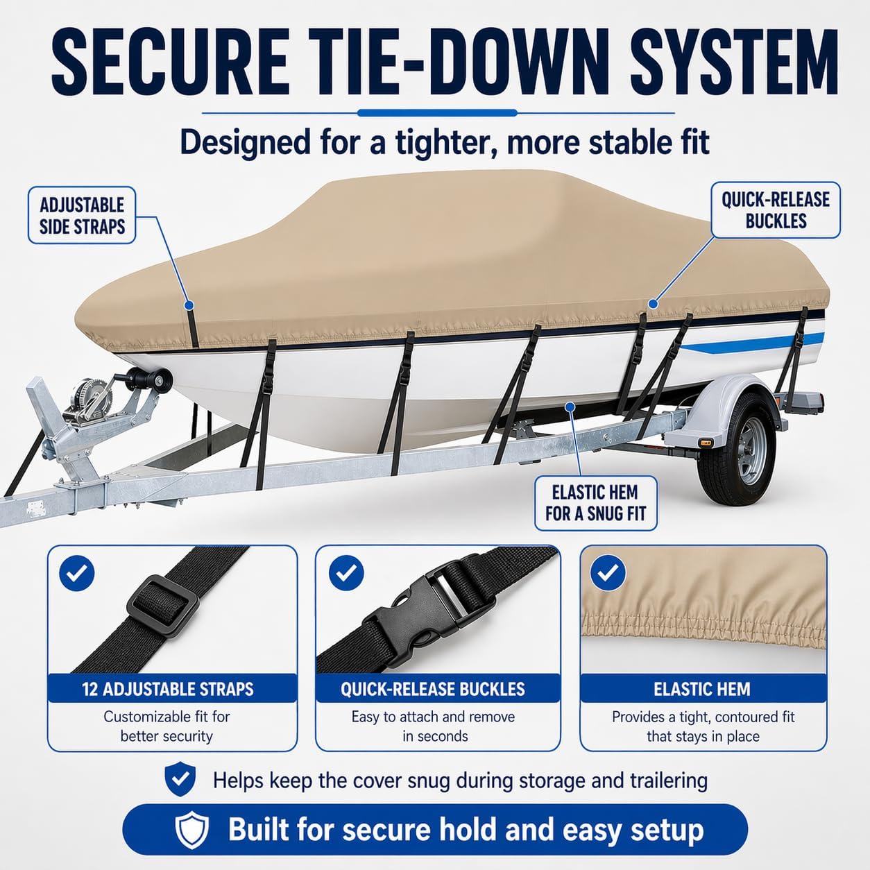 Boat Cover 17–19 ft (Beam up to 102″), Marine-Grade Water-Resistant Cover for Deep-V & Large Runabout Boats, Heavy-Duty UV Protection with Wind-Secure Tie-Downs for Trailer & Dock Storage - Beige