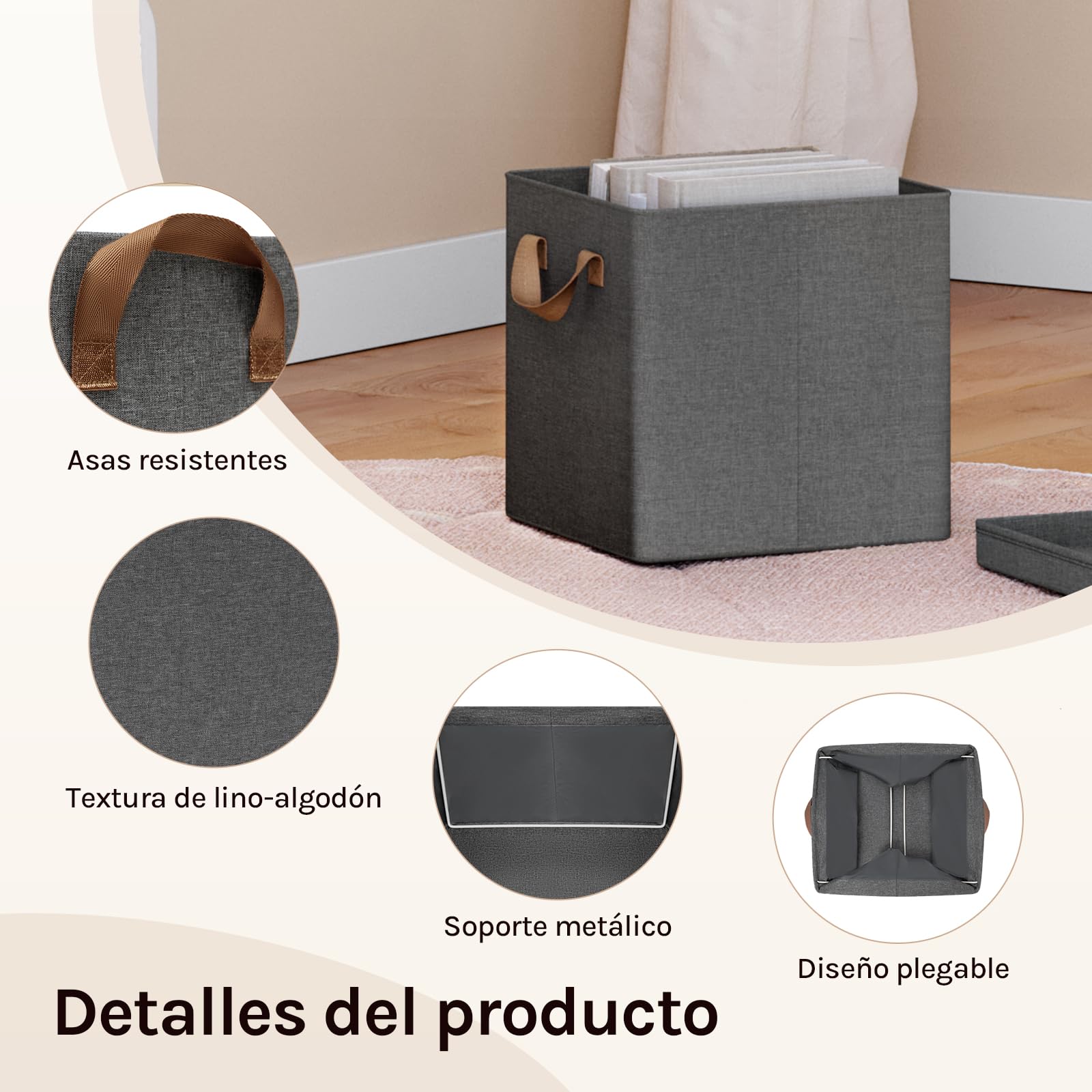 WOLTU Juego de 5 Cajas Almacenaje de Tela, Cubos Plegables con Tapa, con Asa y Marco Metálico, para Armario y Estantería, Gris, 33x33x31,5cm