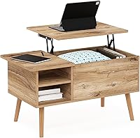 Vista 12 de Furinno Jensen - Mesa auxiliar de madera con parte superior elevadora de patas con compartimento oculto y estante lateral abierto para sala