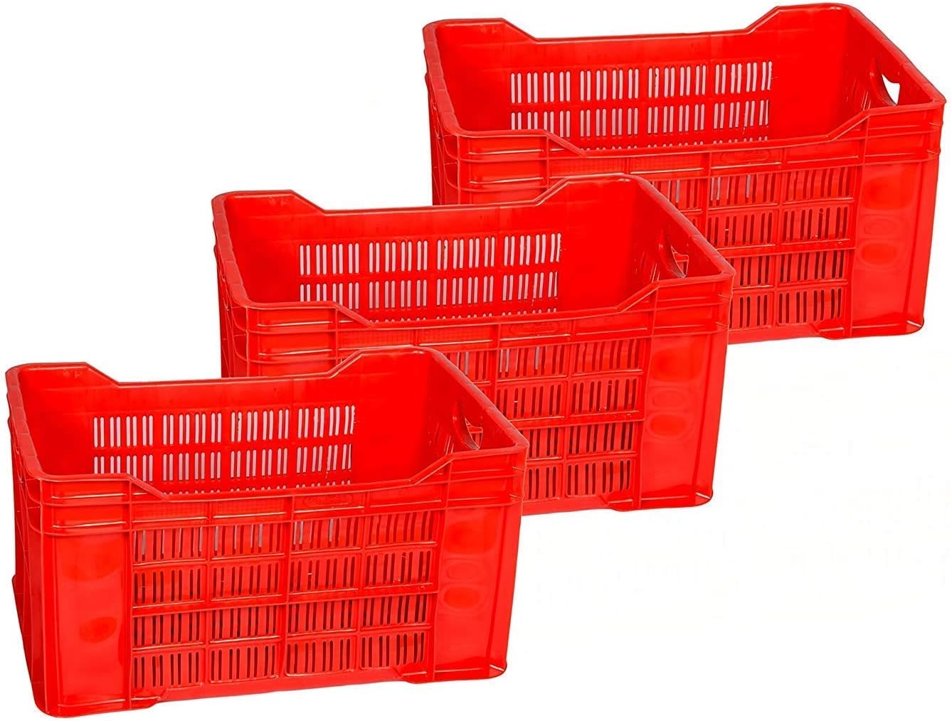Plastic Rectangular Multipurpose/Vegetable/Fruit/Fish Crate (542 x 360 x 300 mm) Pack of 3 (Red), 542 x 360 x 300 Millimeters