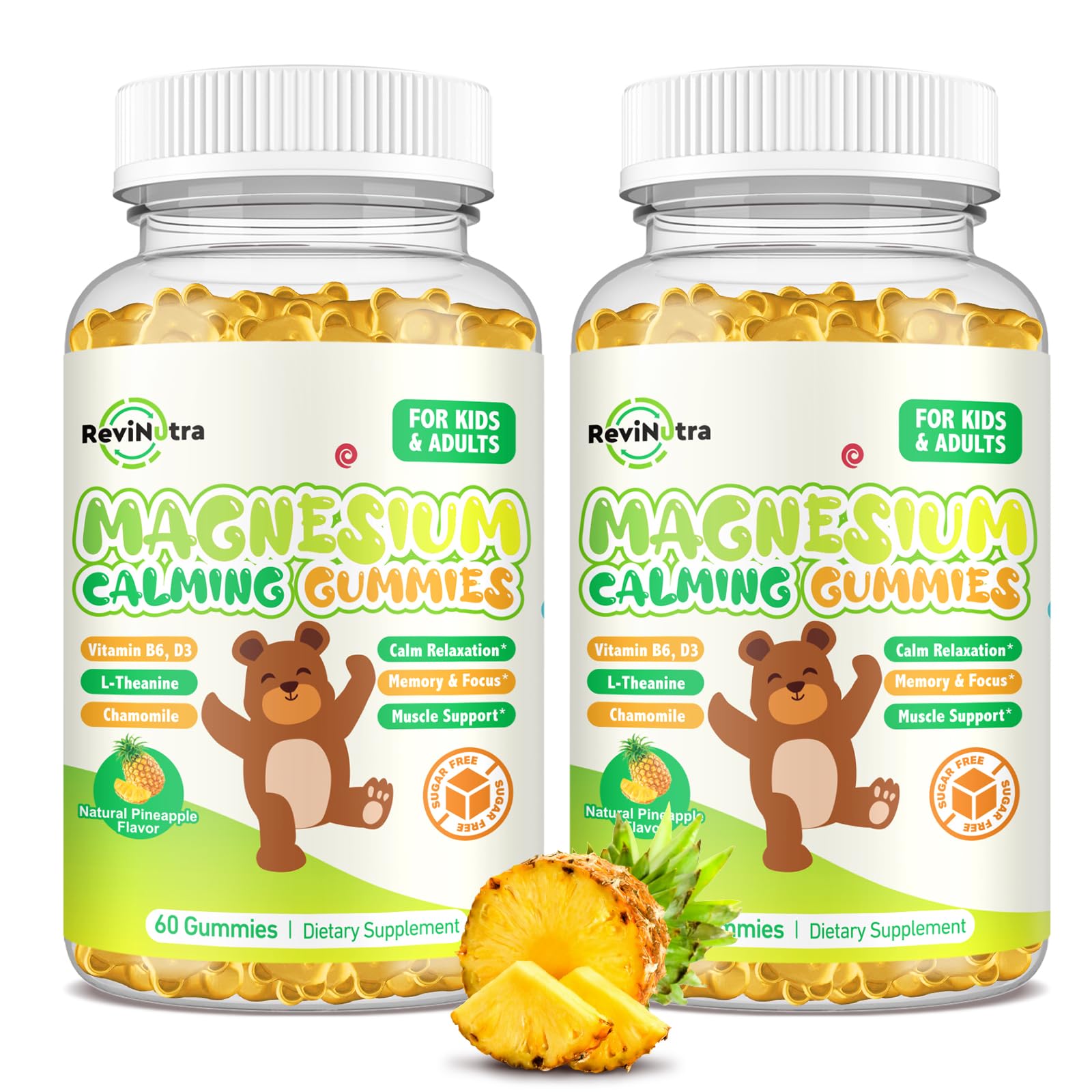 Magnesium Gummies for Kids - Magnesium Glycinate Gummies Supplement with L-Theanine, Vitamin B6, D3 for Adults & Kids, Calm Magnesium for Sleep, Relaxation, Brain,Bones,Sugar Free Pineapple 120ct Pineapple 60 Count (Pack of 2)