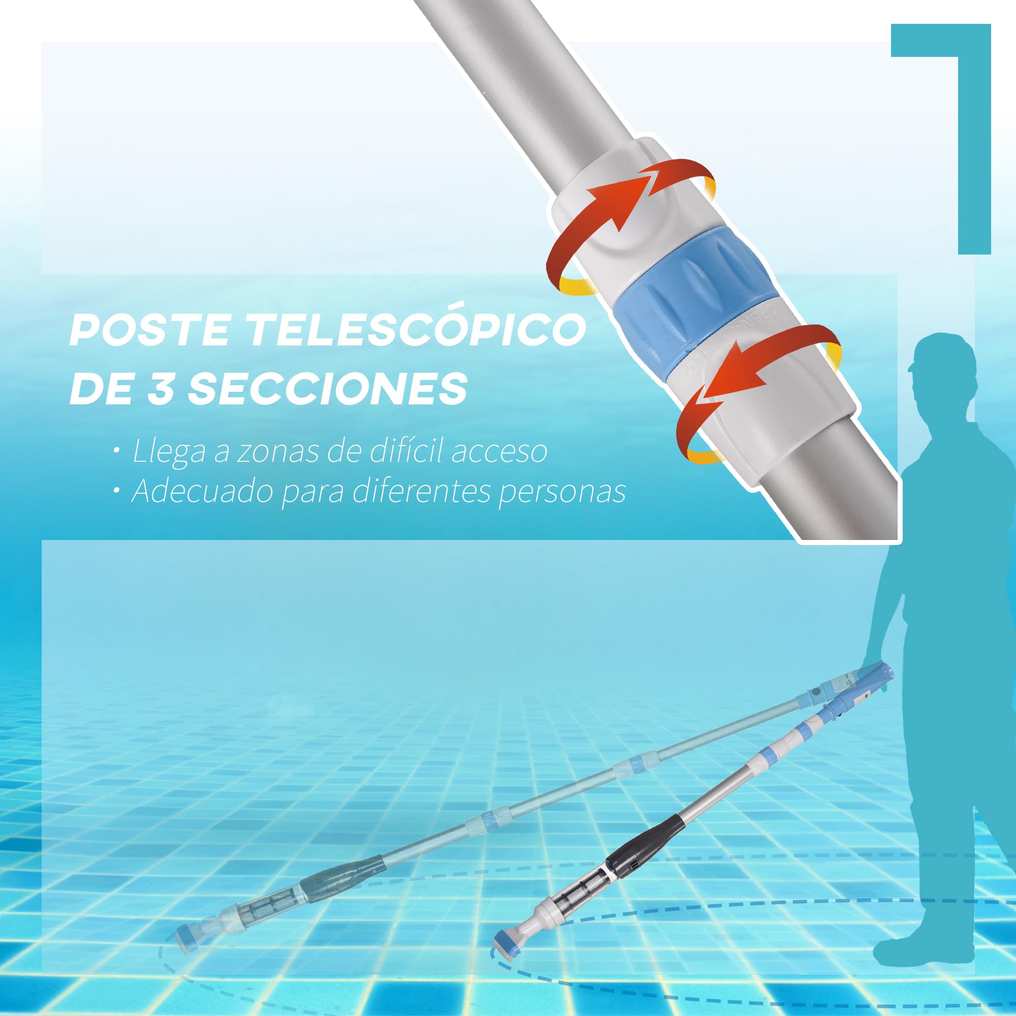 Outsunny Limpiafondos Eléctrico para Piscinas de Aluminio Limpiafondos de Piscinas Manual con Poste Telescópico de 3 Secciones para Estanques Ø6x106-162 cm Azul y Blanco