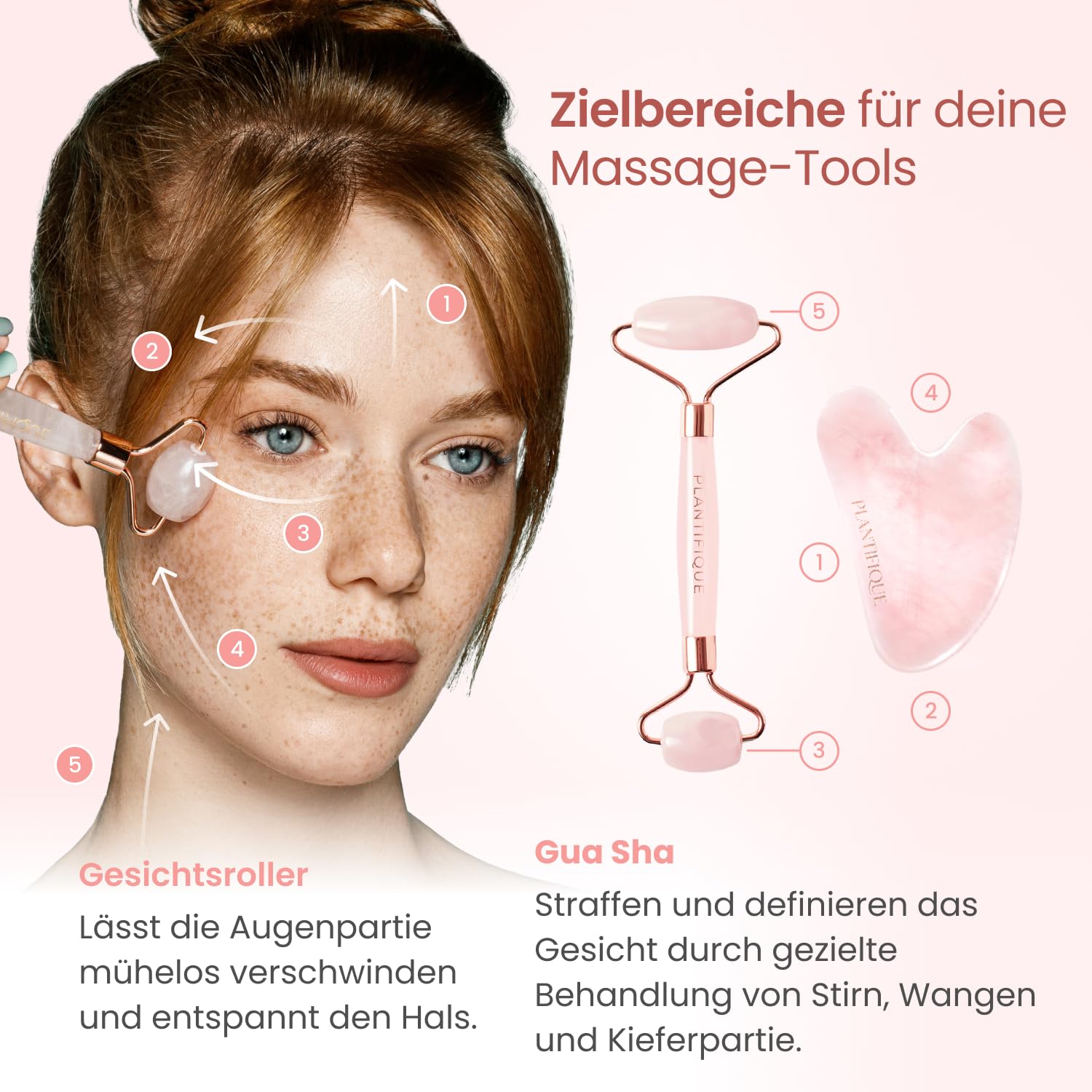 PLANTIFIQUE Rullo Giada Viso e Gua Sha - Jade Roller e Guasha Pietra Massaggiatore Antirughe & Rullo Viso di Quarzo Rosa e Gua Sha - Roller e Guasha Pietra Massaggiatore Antirughe