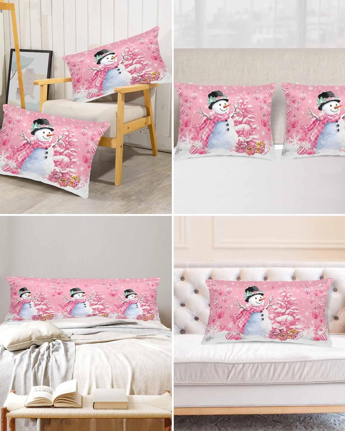 Snowman Pink Christmas Pillow Cases Body Size, Smooth Satin Pillowcase for Hair and Skin, Xmas Tree Balls Snowflake Decorative Cooling Bed Pillow Covers with Zipper, 20x54 Inches
