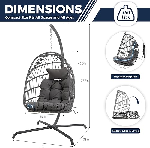 Miniatura 56 de NICESOUL Silla colgante con soporte para interiores y exteriores, cómodas sillas hamaca de ratán para patio con cojín, capacidad de 350 libras