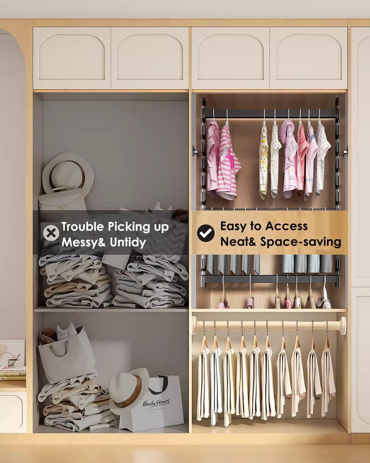 Kleiderstange Schrank Kleiderstangen-Organizer mit 6 Fächern, Kleiderstangenhalterung Aus Aluminiumlegierung mit Steckschlüsselsatz, Kürzbare Kleiderstange für Die Küche(Gold,160cm/63in/5.2ft) Küche, Haushalt & Wohnen