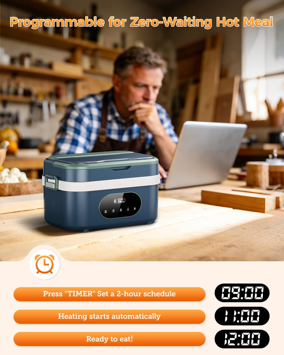 Heated Lunch Box Cordless for Men & Adults, 18000mAh Rechargeable Cordless Electric Lunch Box with 5-Sided Heating, 1.5L Stainless Steel Food Warmer with Smart Timer for Work & Travel