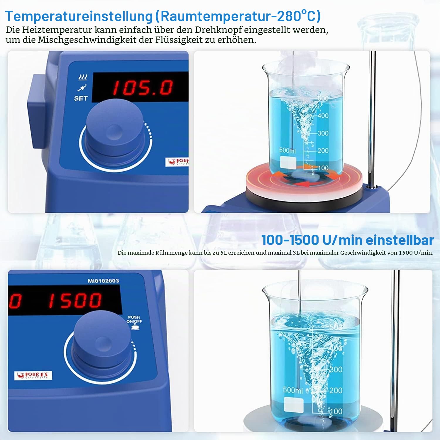 FOUR E'S SCIENTIFIC Magnetrührer mit Heizplatte 5L Magnetic Stirrer Hot Plate Mixer 100-1500RPM 280°C/ 536°F LED-Display Labor Rührer mit PT1000 Temp Sensor(Halterung nicht Einschließen)