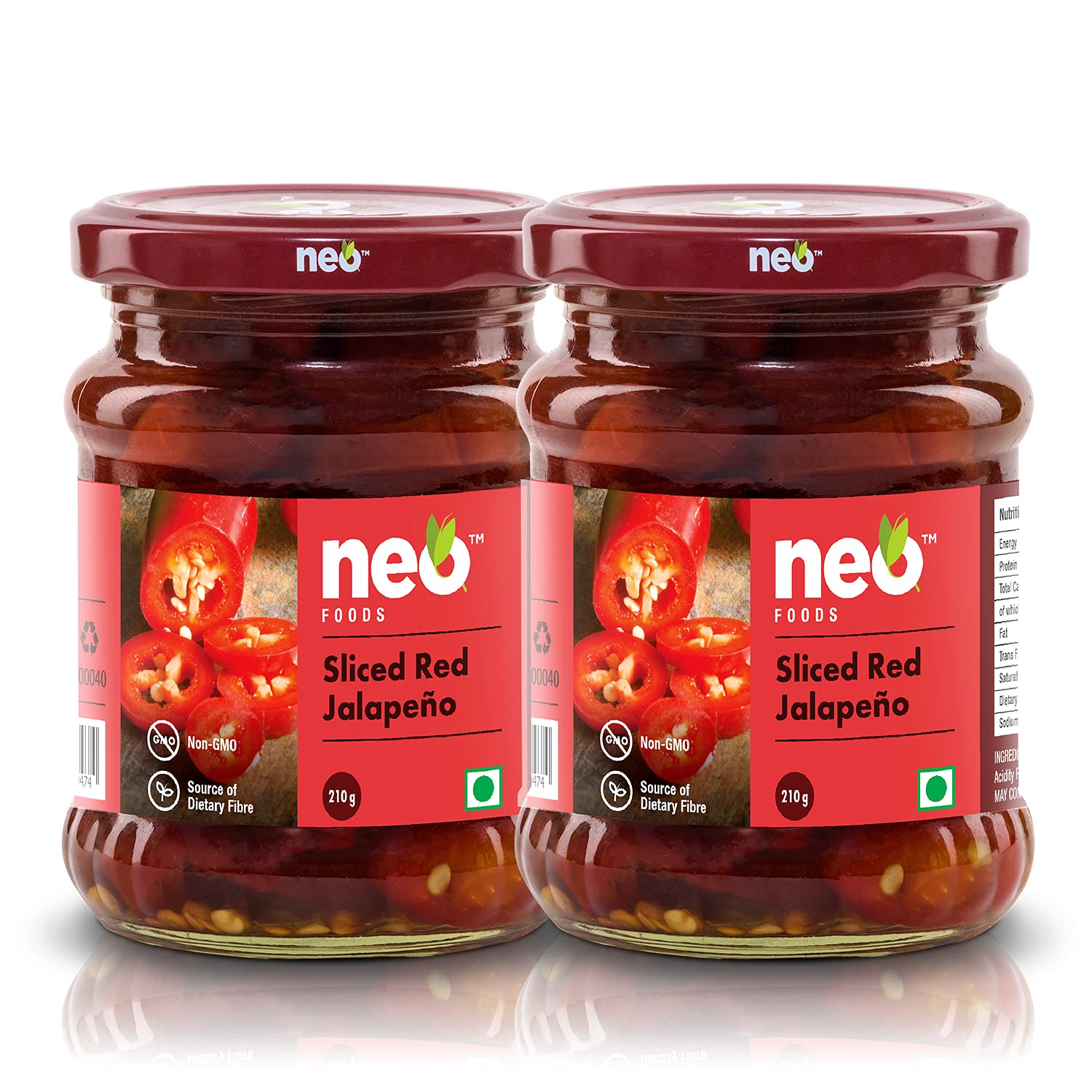 Neo Sliced Red Jalapenos, Ready-to-Eat Fibre-Rich Topping for Snacks and Salads, Non-GMO, Jar, 210g (Pack of 2)