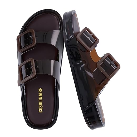 CUSHIONAIRE Pool Slides for Women Water Resistant Double Buckle Adjustable Slip-On Womens Sandals for Beach Shower Casual Wear