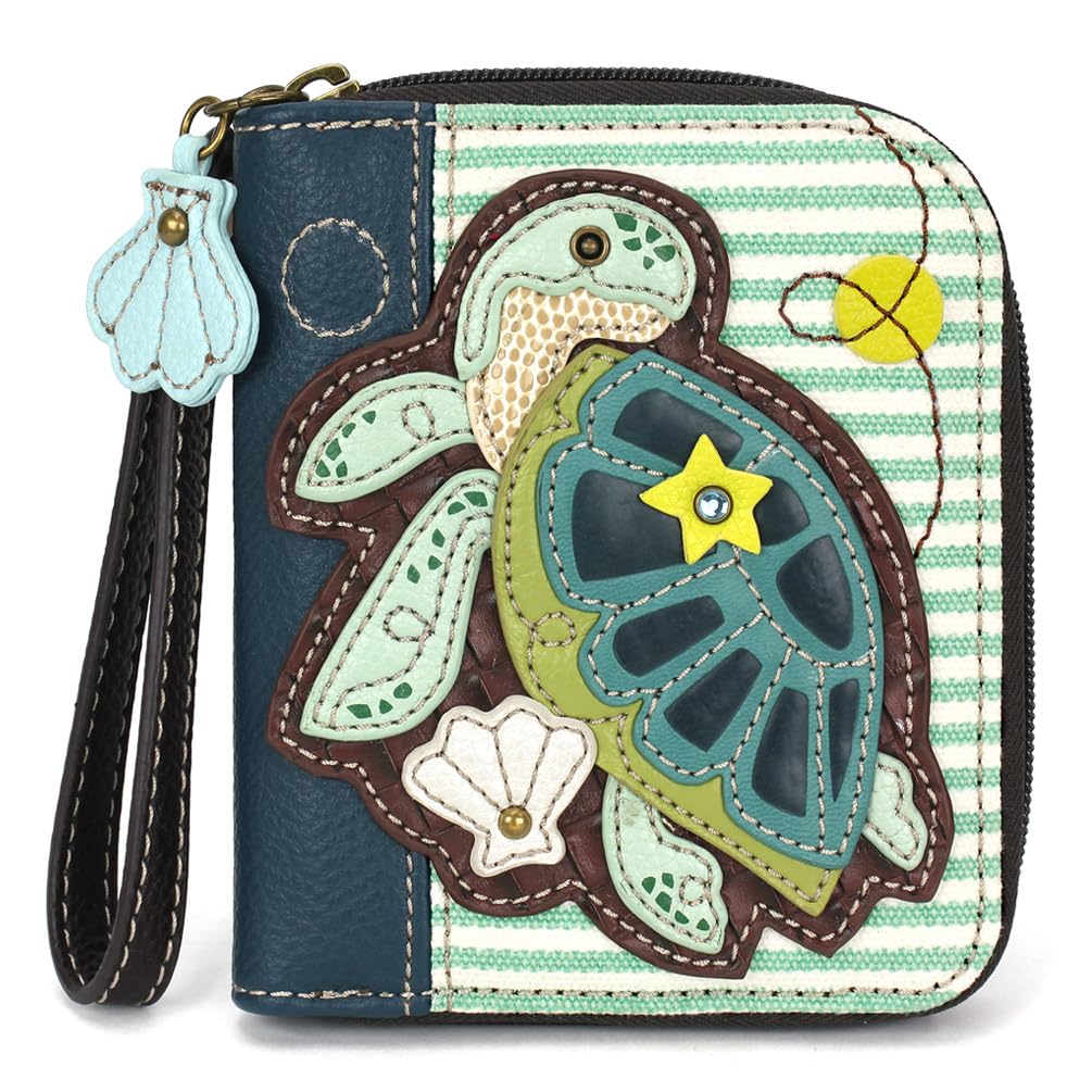 CHALA Zip Around Wallet, Wristlet, 8 Credit Card Slots, Sturdy Pu Leather - Turtle A - teal stripe