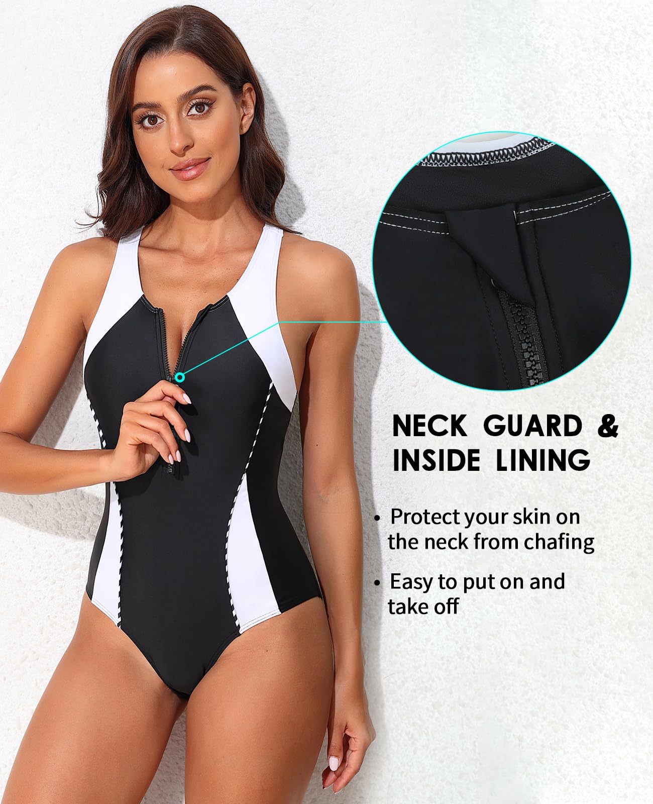 beautyin Traje de baño de una pieza con cremallera frontal para mujer, traje de baño atlético con espalda cruzada
