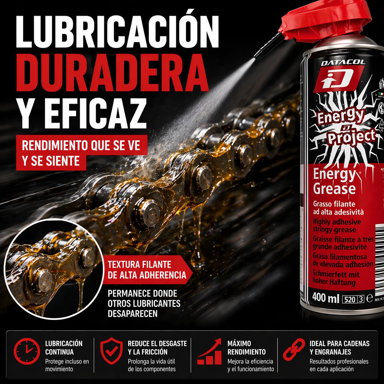 Datacol Grasa en spray adhesiva alta temperatura 400 ml, lubricante para cadena, engranajes y maquinaria, alta resistencia y adherencia profesional (4)