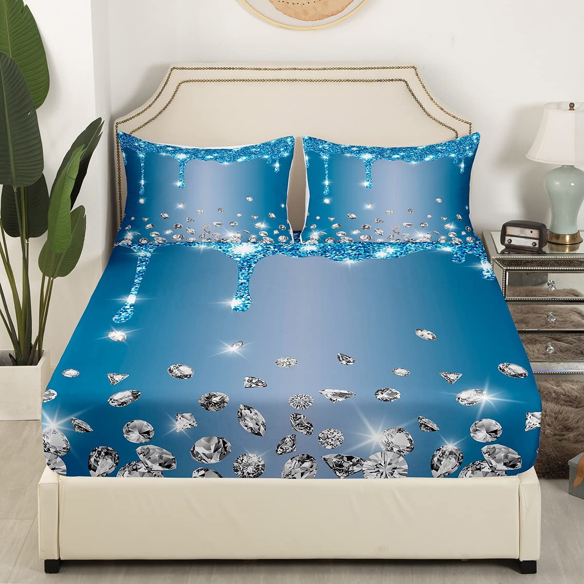 Juego de sábanas de diamantes con purpurina para niños y niñas, sábana bajera ajustable brillante para niños, mujeres y hombres, textura de lujo suave, colorido y moderno, juego de ropa de cama para