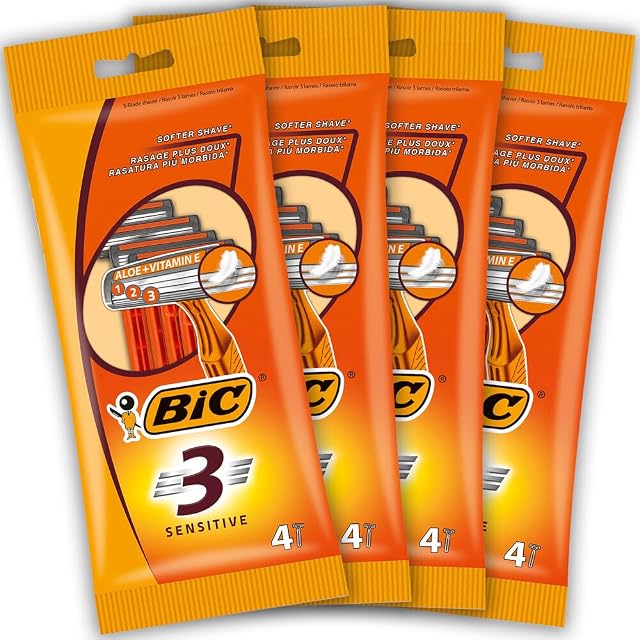 BIC 3 Sensitive Men's Disposable Razors, Triple Blade, Pack of 16