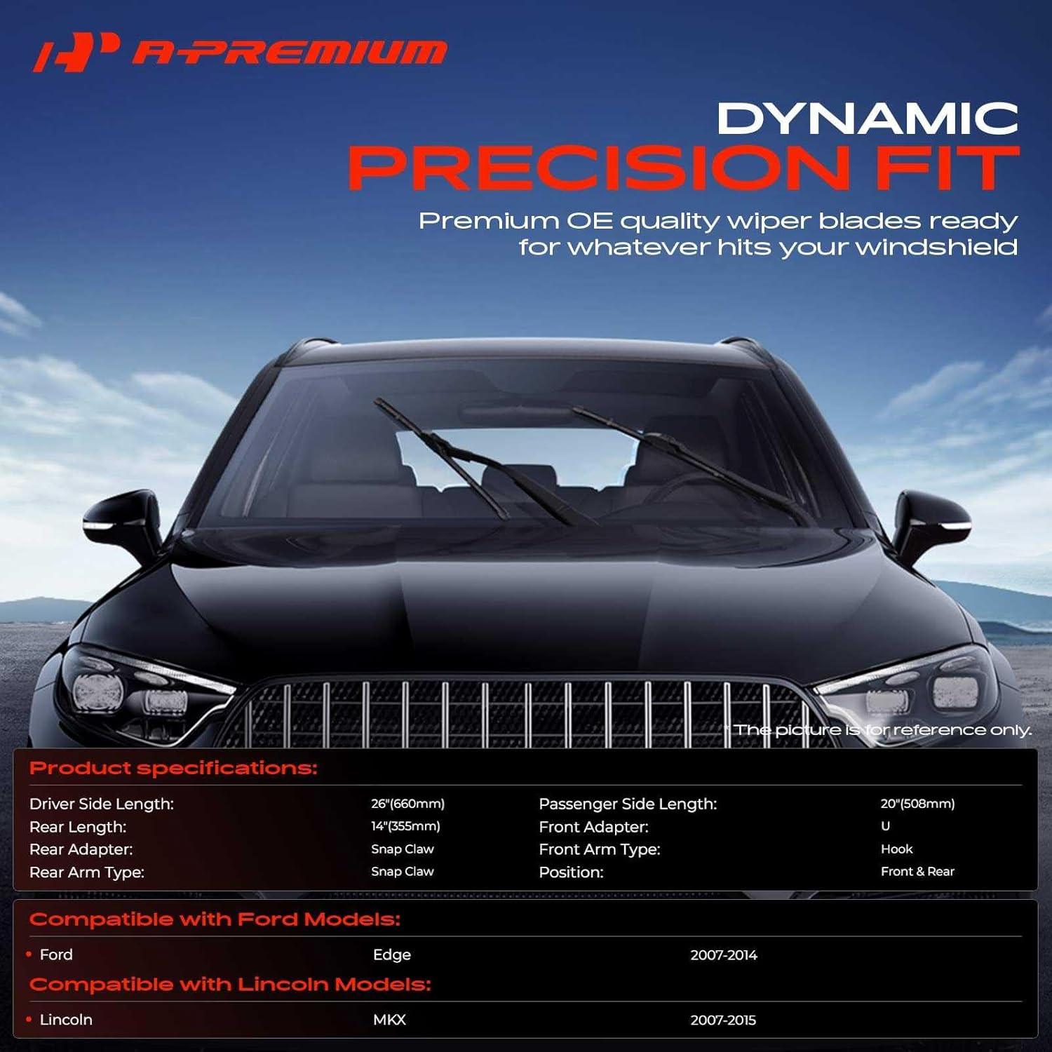 A-Premium 26"+20"+14" Windshield Wiper Blades Compatible with Ford Edge 2007-2014 & Lincoln MKX - Front Rear Wipers Blade Set for Hook/Snap Claw Arm Connector, with Wear Indicator & Towel (Pack of 3)