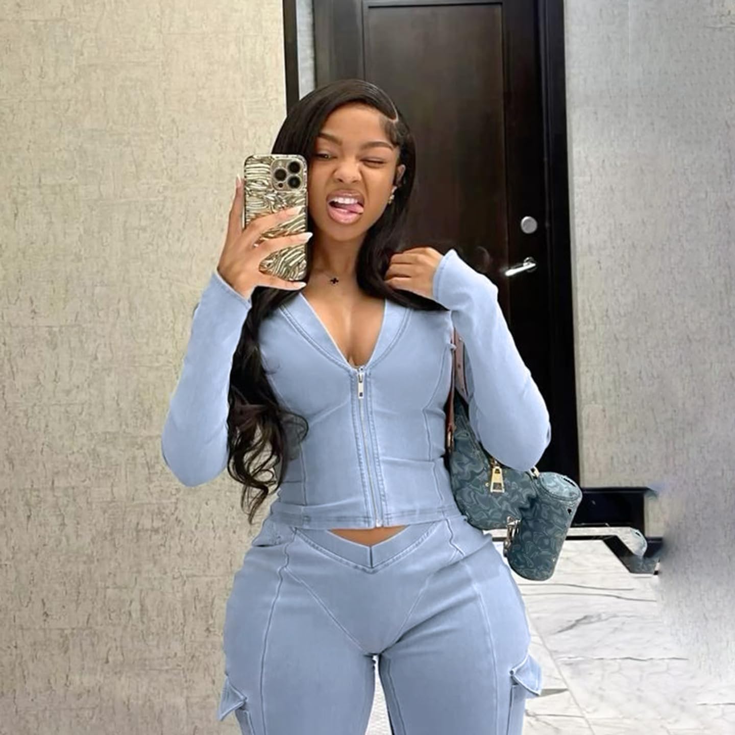 Molilove Women's 2 Piece Outfits Long Sleeve Sweatsuit Zipper Crop Jacket Bodycon Pants Tracksuit Going Out Streetwear - Image 6